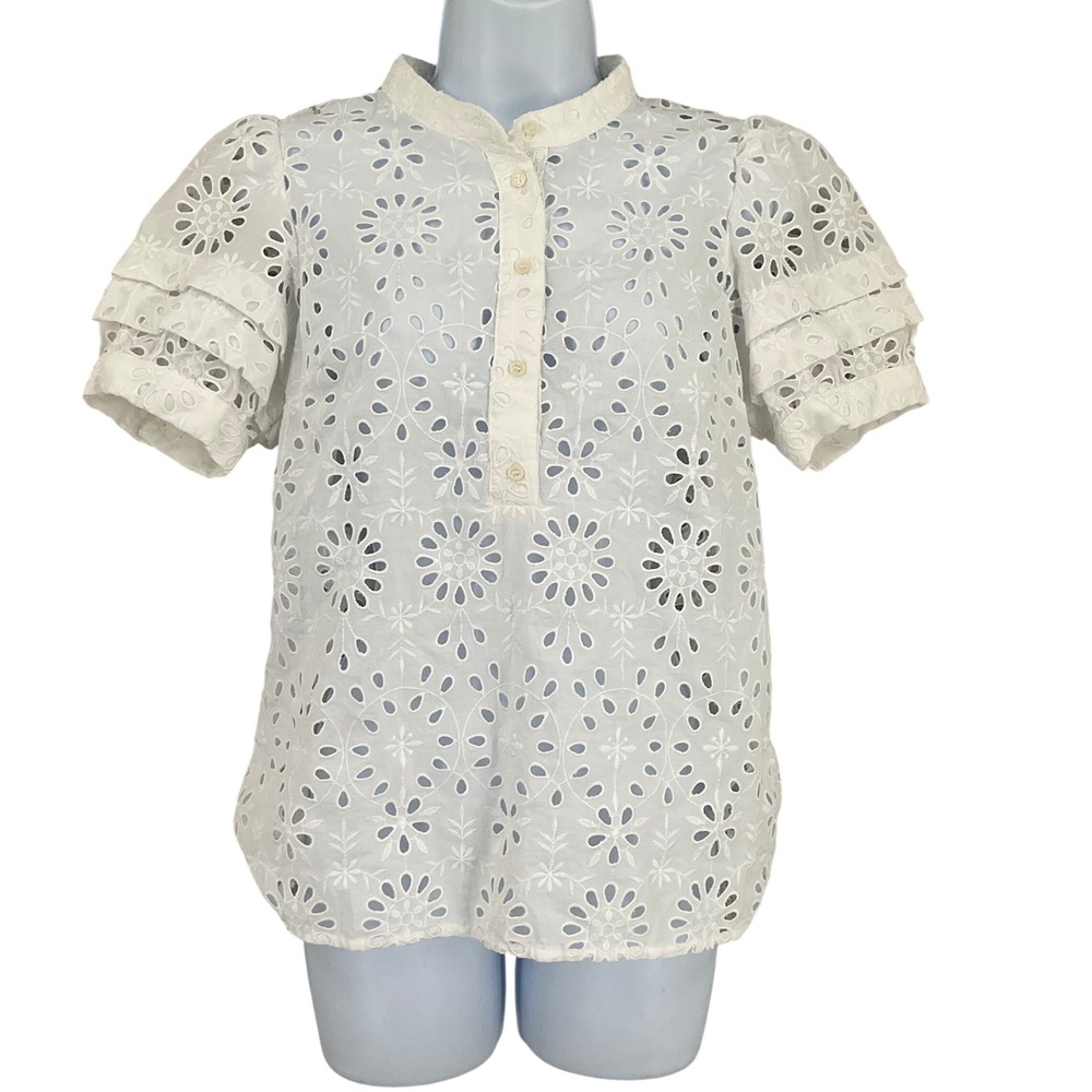 J.Crew Eyelet Blouse Sz XS White Cotton Tiered Ruffle Sleeve Boho Cottagecore‎